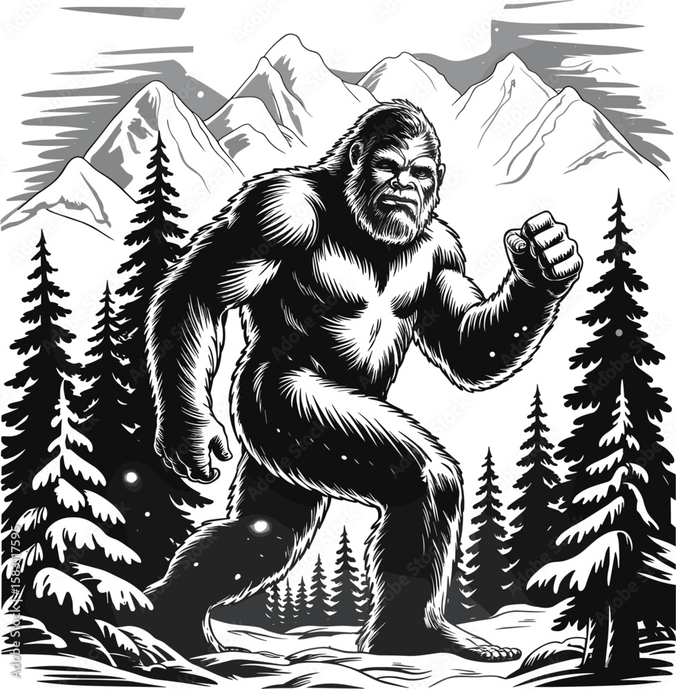 Fototapeta premium Bigfoot Silhouette Vector in Forest Landscape, Sasquatch Clipart Design – Mythical Creature Illustration, Forest Monster Bigfoot SVG – Outdoor Adventure Design, Retro Bigfoot Design – Mountain Camping