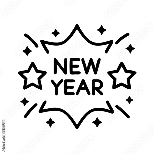 New Year celebration graphic with stars and decorative elements  