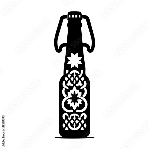 Decorative beer bottle with intricate design and cap  