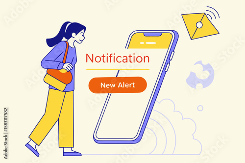 Young woman walking past smartphone with notification alert  