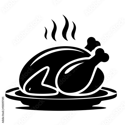 Roast chicken on a plate with steam rising in black silhouette  