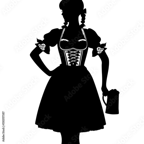 Silhouette of woman in traditional dress holding beer mug  