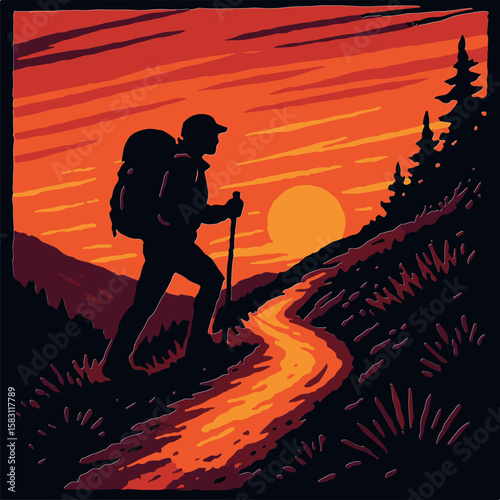 A silhouette of a hiker with a backpack and trekking pole walking on a trail during a vibrant sunset scene