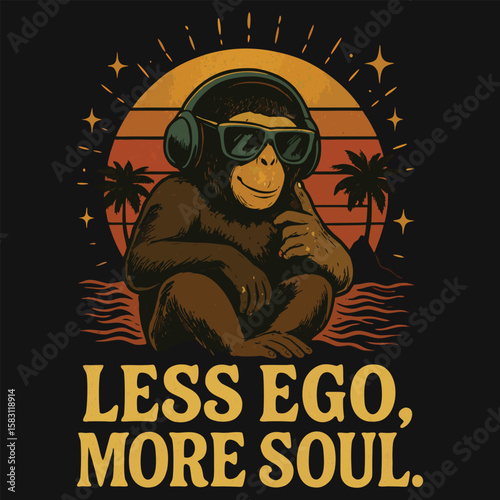 Cool Monkey Retro T-Shirt Design – “Less Ego, More Soul” Sunset Vibes with Headphones
