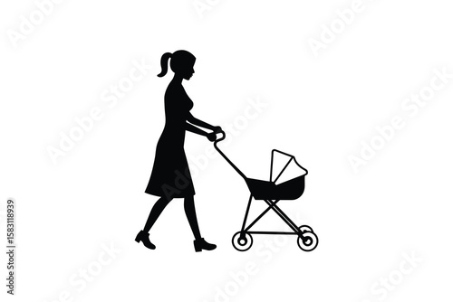 Mother Pushing Baby Stroller on a Walk Depicted in a Simple Black Silhouette Style on a White Background Vector Illustration silhouette