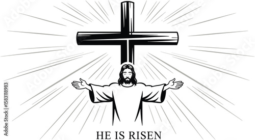 Silhouette of risen Jesus Christ with cross and shining light rays.