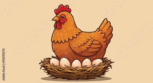 Cartoon Hen Sitting on Eggs in a Nest