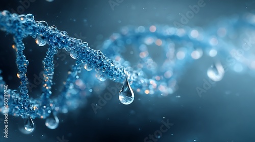 Futuristic abstract medical background with double DNA strands, electronic reception line banner, water drops, heart rhythm icon and wave pattern on gradient blue backdrop