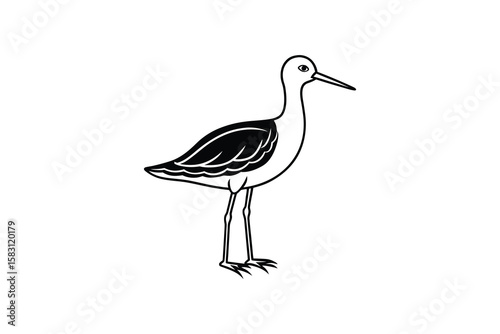 Elegant Black and White Stilt Bird Illustration with Long Legs and Beak Standing Gracefully in Silhouette Style silhouette This simple black