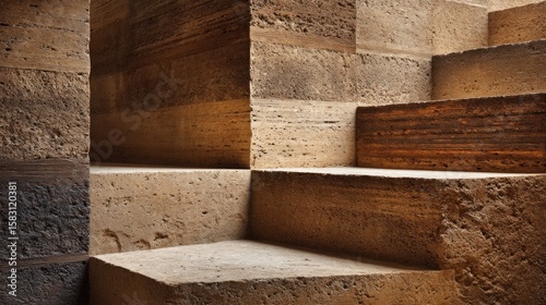 Detailed perspective of natural rammed earth stairs in earth tone shades