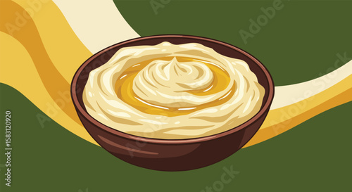 Vector Illustration of Creamy Sauce or Mayonnaise in a Bowl with Artistic Background

