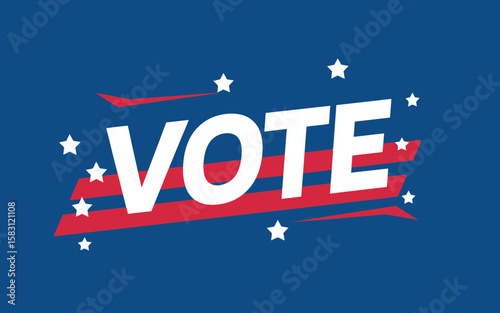 A patriotic Vote illustration urges participation in elections with red stripes and stars on a deep blue background.