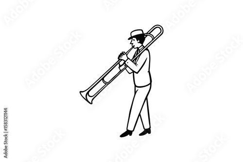 Elegant Trombone Player in Suit and Hat Performing a Tune in Black and White Silhouette musician plays the trombone The image