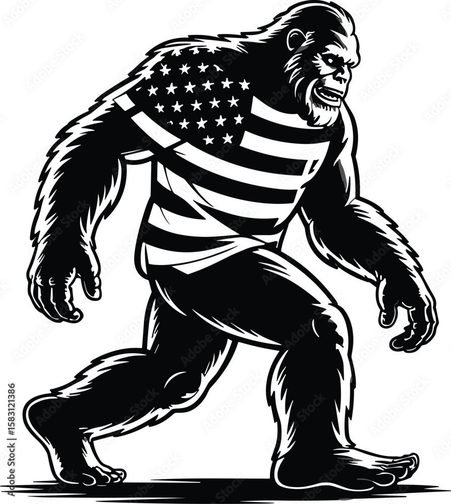 Fototapeta premium Bigfoot Silhouette Vector in Forest Landscape, Sasquatch Clipart Design – Mythical Creature Illustration, Forest Monster Bigfoot SVG – Outdoor Adventure Design, Retro Bigfoot Design – Mountain Camping