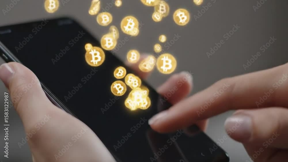 mobile phone with Stunning gold crypto coin (Bitcoin) in a sleek futuristic tech environment. Ideal for fintech, web3, and metaverse content