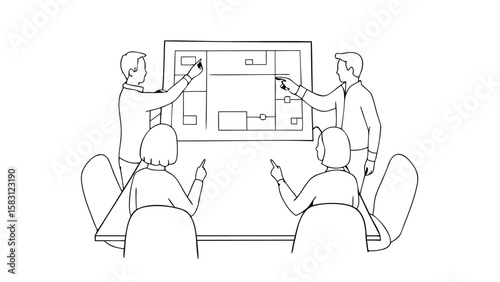 People in a meeting pointing at a diagram on a whiteboard while sitting around a table together now