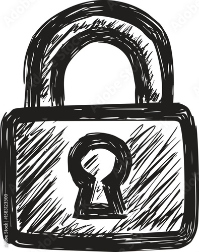 Hand-drawn black and white padlock with detailed shading and keyhole