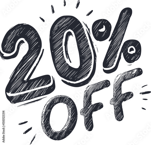 Hand-drawn 20% off text in bold black sketch with emphasis lines