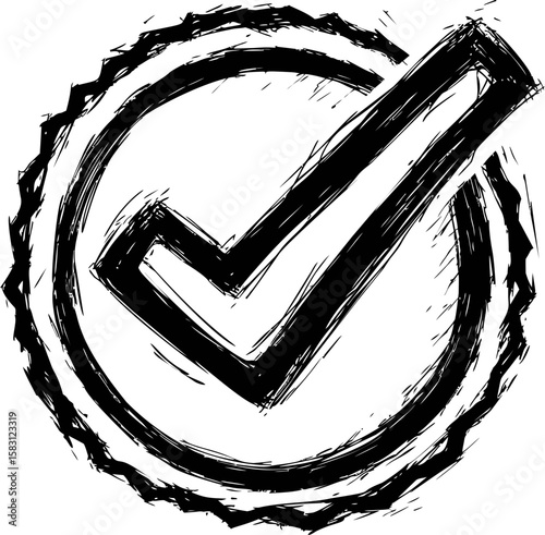 Black and white brushstroke check mark in a circle, abstract art symbolism