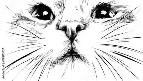 Black and white sketch of a cat's face with expressive eyes and whiskers