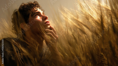 Young prophet Jeremiah praying in a wheat field, devout teenager in sincere supplication to God, biblical Old Testament story of faith and devotion, emotional plea, spiritual trust and repentance.

