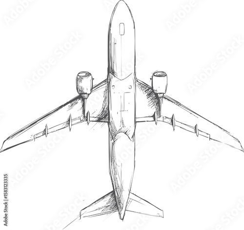 Detailed sketch of a commercial airplane top view