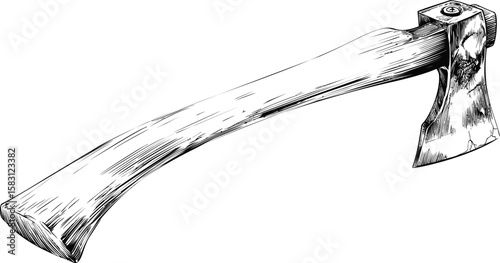 Detailed black and white illustration of a vintage wooden-handled axe