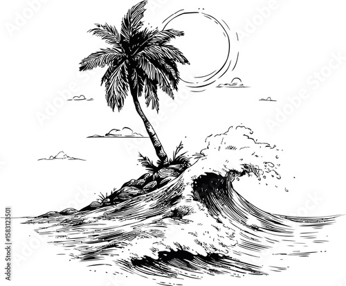 Palm tree on an island with a large wave in a black and white illustration