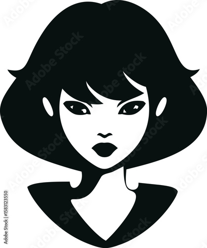 Monochrome illustration of a woman's face with short hair in graphic style