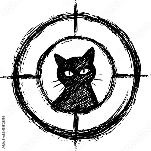 Black cat silhouette inside a grunge crosshair, black and white illustration