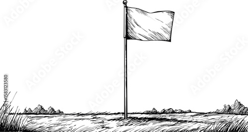 Hand-drawn flag on pole in field with clouds in black and white sketch style
