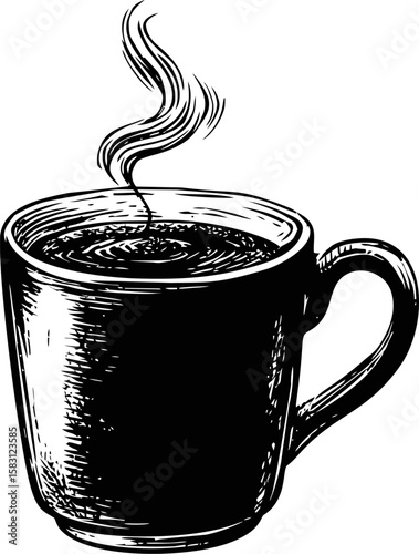 Steaming black and white illustration of a coffee cup with rising steam