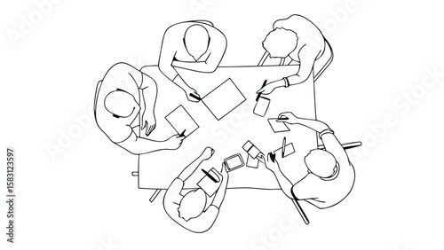 Overhead view of five people sitting around a table with papers and pens in a black and white drawing