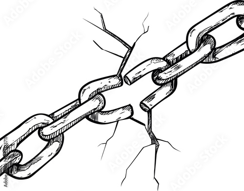 Broken chain link sketch with cracks symbolizing freedom and strength