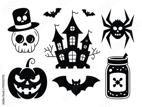 Set of Halloween silhouettes vector icons, isolated on white, includes pumpkins, ghosts, bats, witches, and spooky elements, perfect for Halloween-themed designs and decorations.
