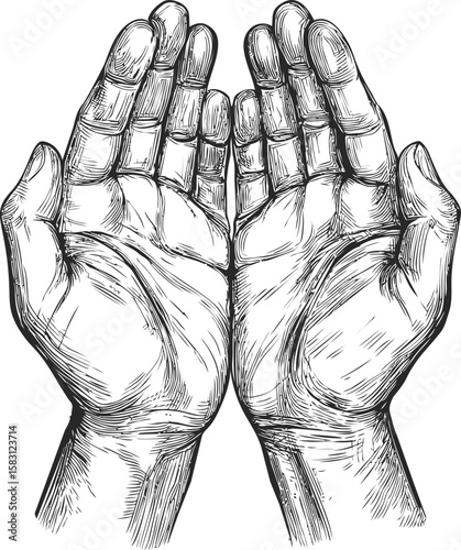 Detailed black and white sketch of open hands showing palms upward