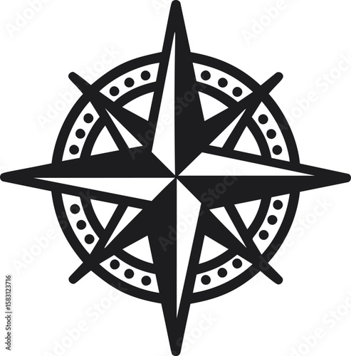 Black and white compass rose with dotted circle design, graphic symbol of navigation