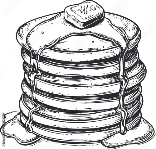 Stack of pancakes with syrup and butter in black and white illustration