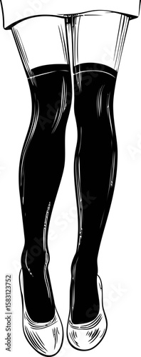 Illustration of legs in black high socks and shoes, minimal monochrome art