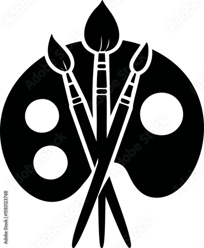 Artistic black and white icon with paintbrushes and palette, creative symbol