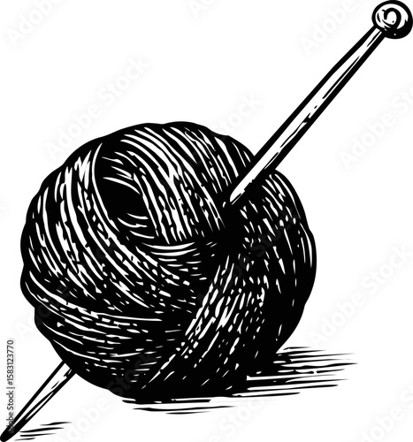 Ball of yarn with knitting needle in black and white illustration