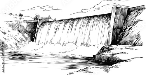 Waterfall flowing over concrete dam in monochrome sketch, serene landscape