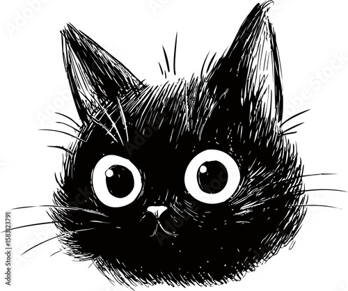 Illustration of a cute fluffy black cat with wide eyes and a playful expression
