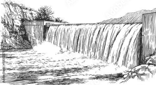 Detailed black and white sketch of a waterfall flowing from a dam structure