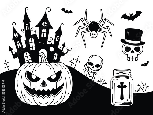 Vector Halloween silhouette set, collection of spooky icons and elements isolated on white background, including pumpkins, bats, witches, ghosts, perfect for festive holiday design projects.