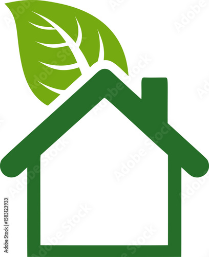 Green eco house outline with leaf roof symbolizing sustainable living