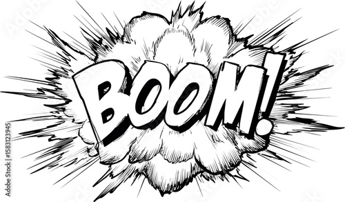 Comic style boom explosion sound effect with dynamic lines