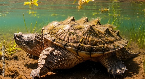 Ancient Alligator Snapping Turtle in the Depths: A captivating look at an ancient alligator snapping turtle, a prehistoric creature, submerged in a clear body of water.