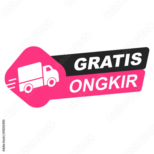 Graphic logo featuring a pink and black design with a delivery truck and text 'Gratis Ongkir', symbolizing free shipping. Represents fast and efficient online shipping or delivery services.