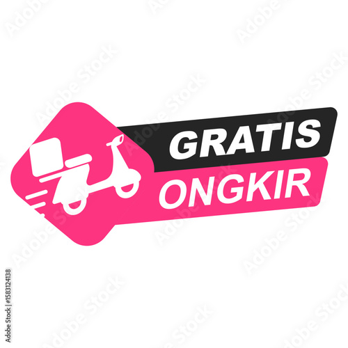 Illustration of a promotional badge in pink, black, and white colors, featuring a scooter icon and 'Gratis Ongkir' text, representing free shipping services, modern design, and vibrant aesthetics.